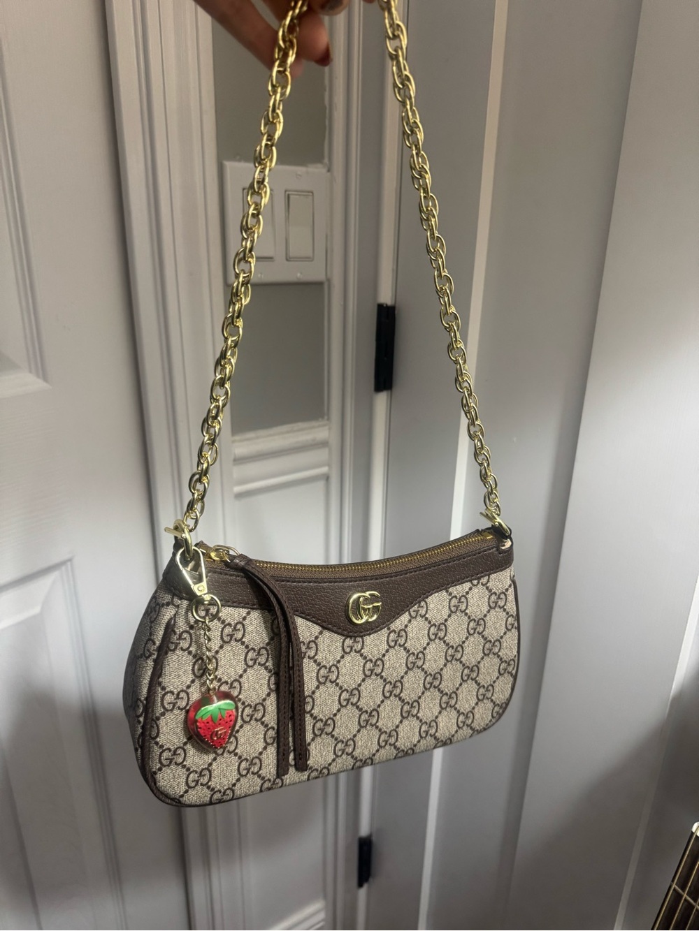 Gucci Brown GG Canvas Shoulder Bag with Gold Chain
